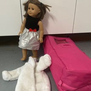 american girl doll! comes with a dress and a coat! and a pink portable closet